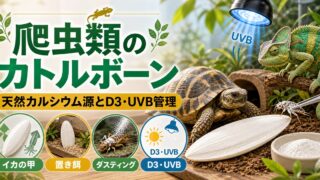 爬虫類のカトルボーン・天然カルシウム源完全ガイド｜イカの甲・卵殻の与え方とサプリとの違いの要点を伝えるカメレオン・爬虫類記事アイキャッチ画像