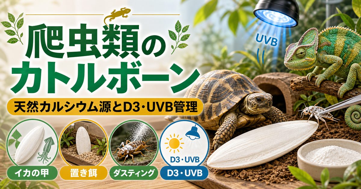 爬虫類のカトルボーン・天然カルシウム源完全ガイド｜イカの甲・卵殻の与え方とサプリとの違いの要点を伝えるカメレオン・爬虫類記事アイキャッチ画像