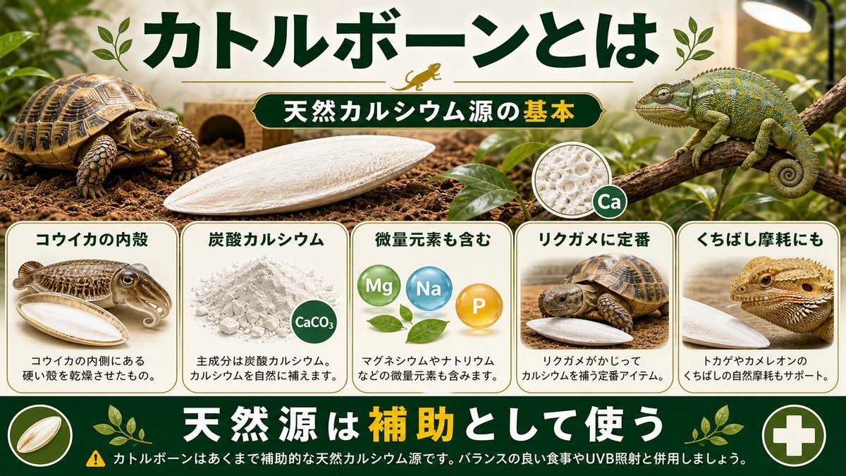 カトルボーンとは？天然カルシウム源の基本の要点をまとめたカメレオン・爬虫類飼育インフォグラフィック