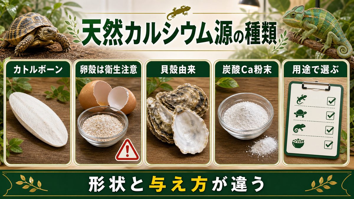 天然カルシウム源の種類（イカの甲・卵殻・貝殻）の要点をまとめたカメレオン・爬虫類飼育インフォグラフィック