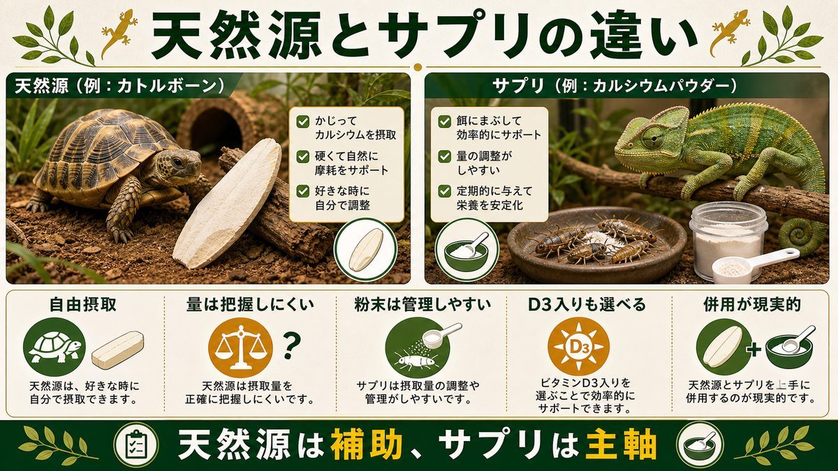 カルシウム剤（サプリ）との違いの要点をまとめたカメレオン・爬虫類飼育インフォグラフィック