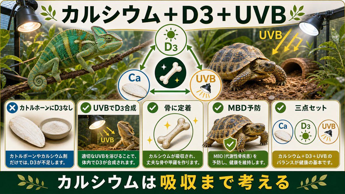 D3・UVBとのバランス（MBD予防の要）の要点をまとめたカメレオン・爬虫類飼育インフォグラフィック
