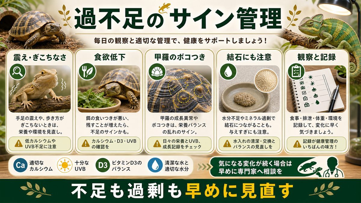 与えすぎ・不足のサインと管理のコツの要点をまとめたカメレオン・爬虫類飼育インフォグラフィック