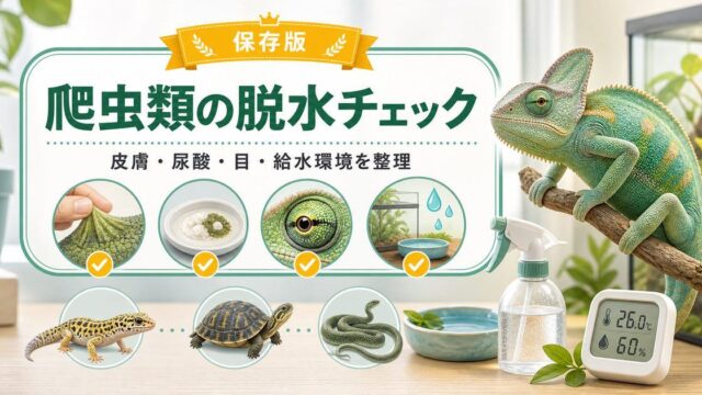 爬虫類の脱水症状の見分け方と応急処置｜皮膚テスト・尿酸チェックと水分補給完全ガイドの要点を伝えるカメレオン・爬虫類記事アイキャッチ画像