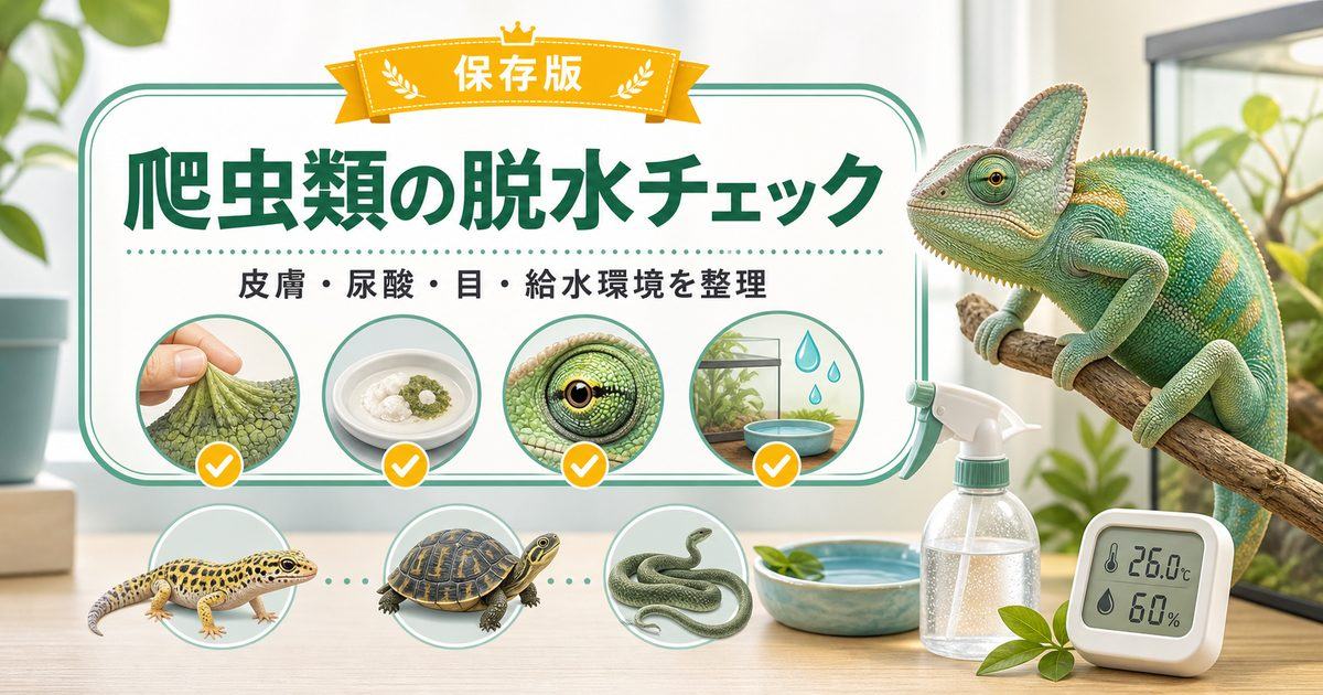 爬虫類の脱水症状の見分け方と応急処置｜皮膚テスト・尿酸チェックと水分補給完全ガイドの要点を伝えるカメレオン・爬虫類記事アイキャッチ画像