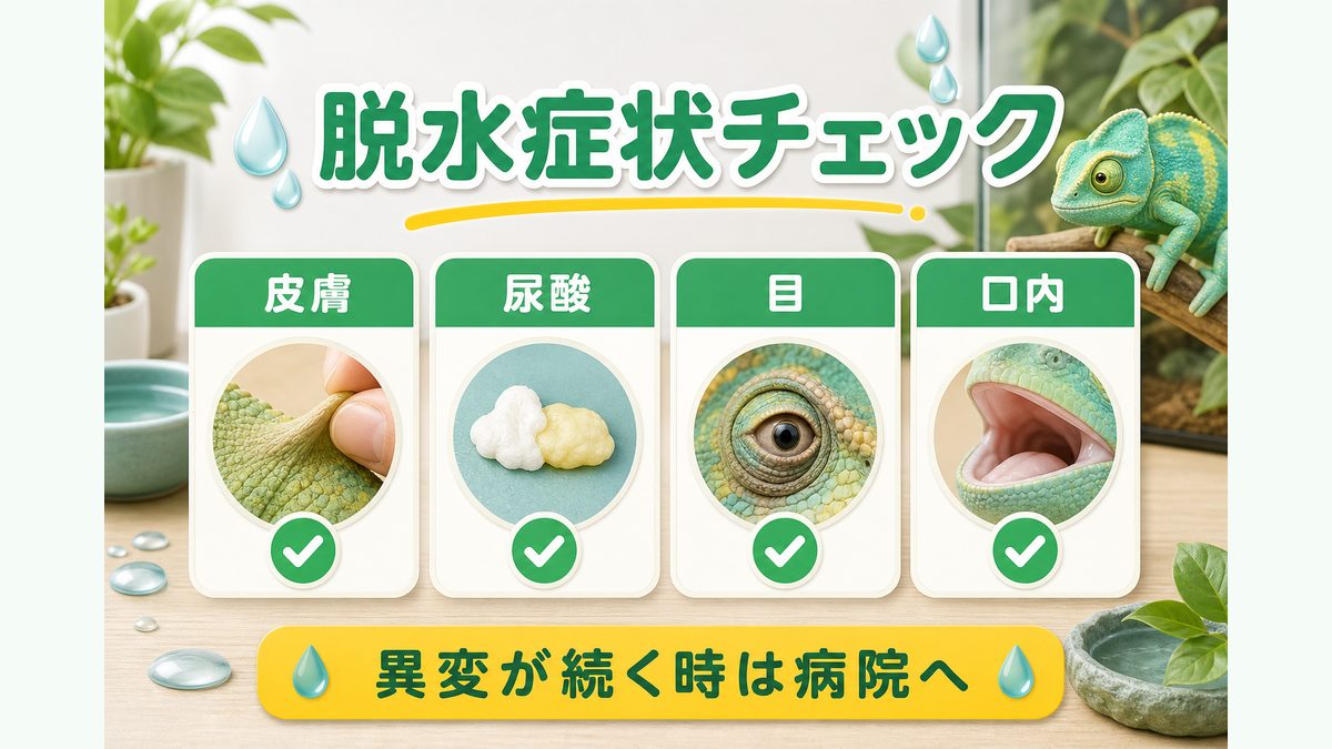 爬虫類の脱水症状チェックリスト（皮膚テスト・尿酸・目の状態）の要点をまとめたカメレオン・爬虫類飼育インフォグラフィック