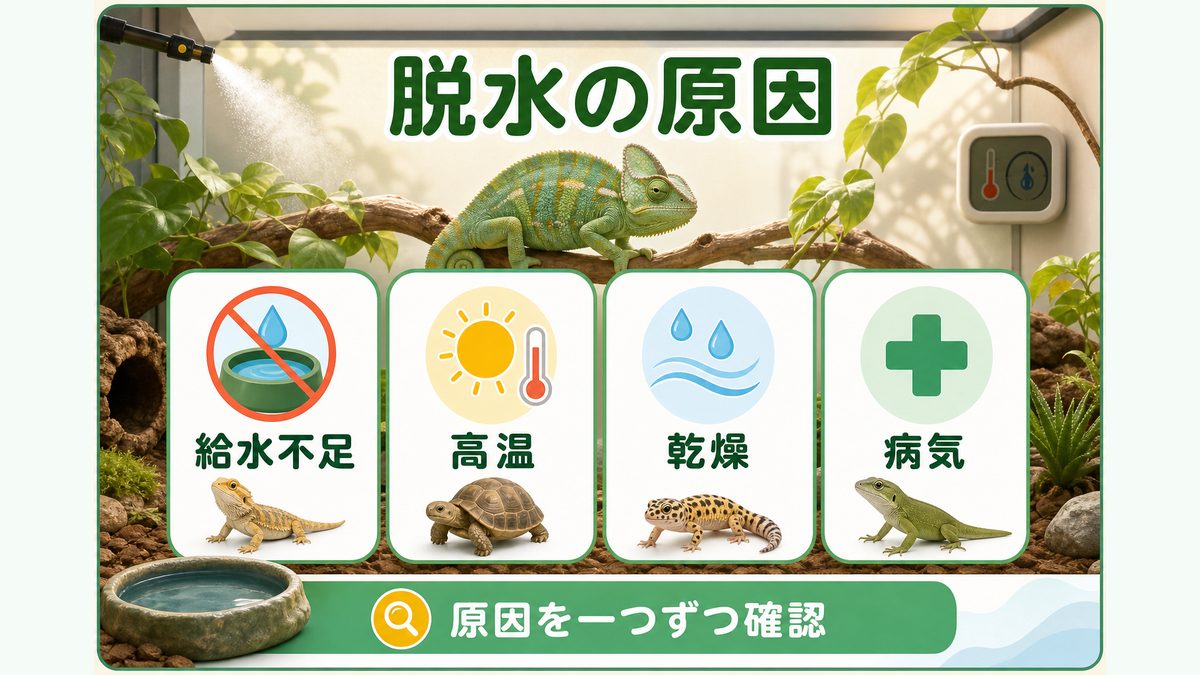 脱水の原因と誘因の要点をまとめたカメレオン・爬虫類飼育インフォグラフィック
