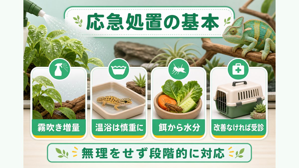 応急処置：霧吹きと温浴のやり方の要点をまとめたカメレオン・爬虫類飼育インフォグラフィック