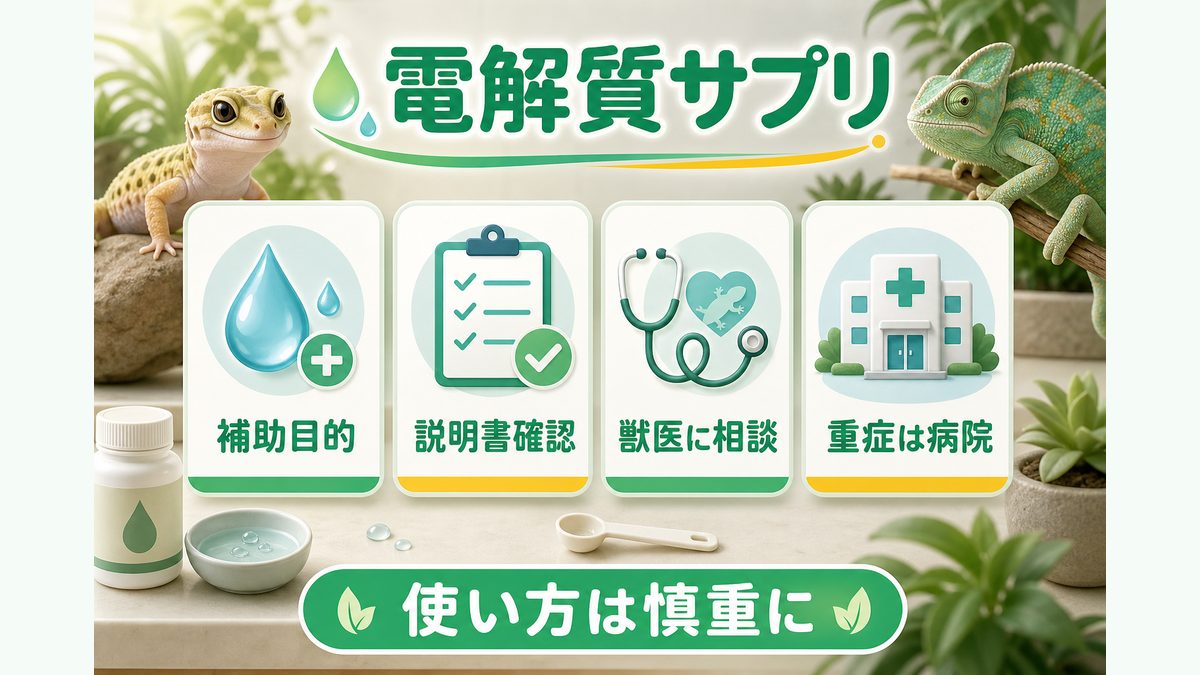 電解質サプリで回復を助けるの要点をまとめたカメレオン・爬虫類飼育インフォグラフィック