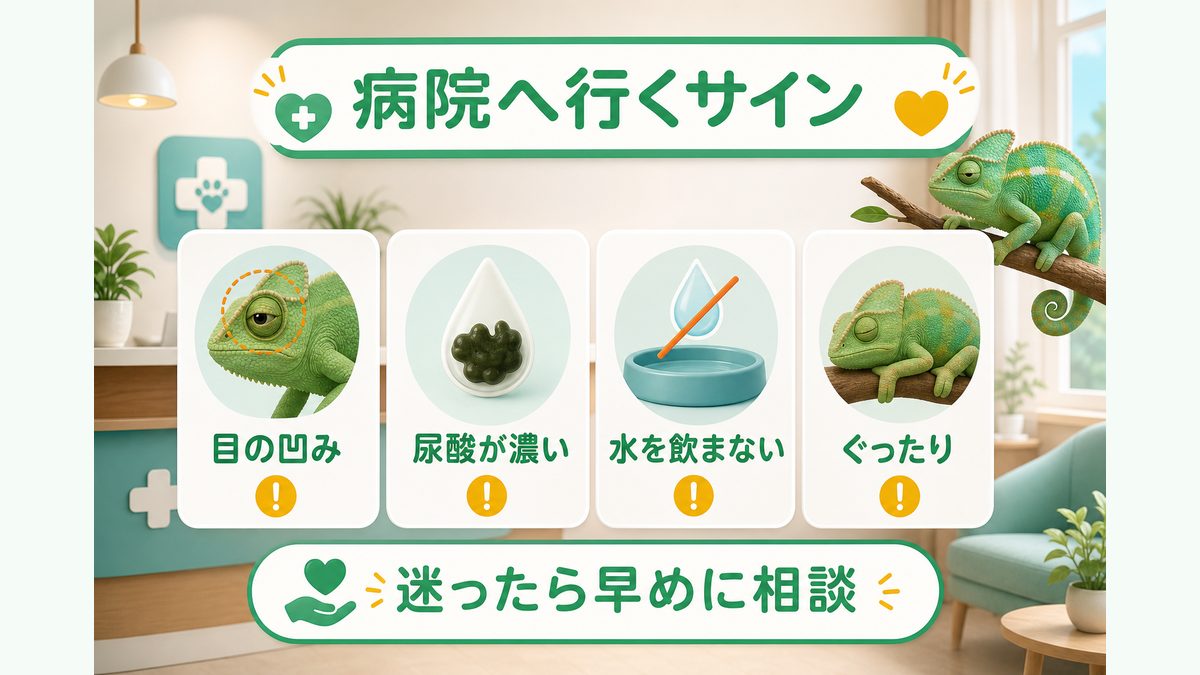 動物病院へ行くタイミング（重症判断基準）の要点をまとめたカメレオン・爬虫類飼育インフォグラフィック