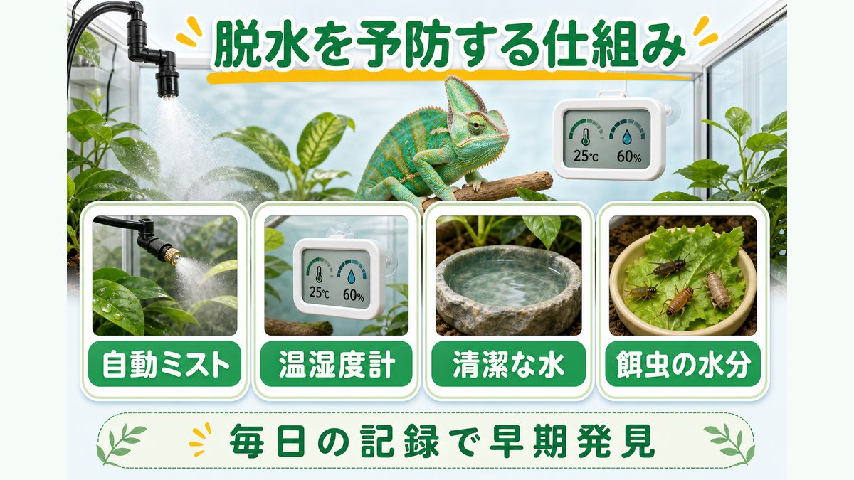 日頃の予防策（自動管理システム）の要点をまとめたカメレオン・爬虫類飼育インフォグラフィック