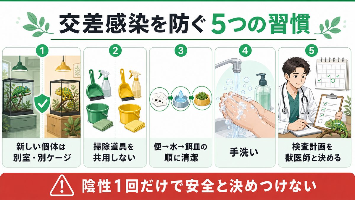 新規個体の隔離・道具の分離・手洗いで交差感染を防ぐ図