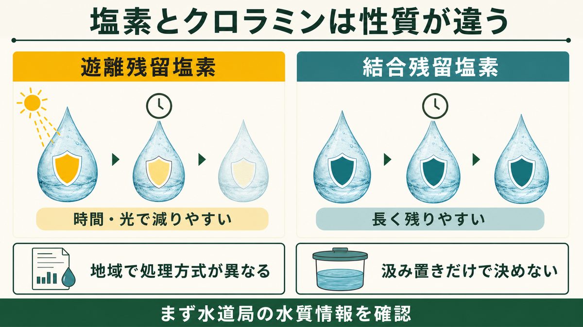 遊離残留塩素と結合残留塩素の性質と汲み置き判断を比較した図