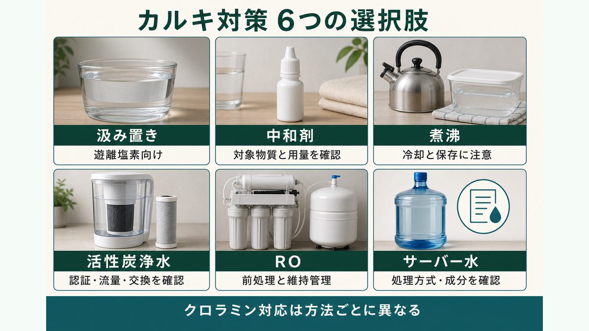 汲み置き・中和剤・煮沸・活性炭浄水・RO・サーバー水を比較した図