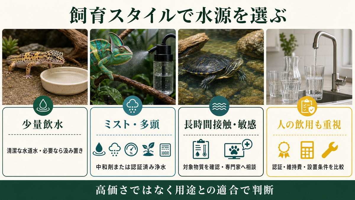 少量飲水・ミスト多頭・長時間接触・人の飲用別に水源を選ぶ図