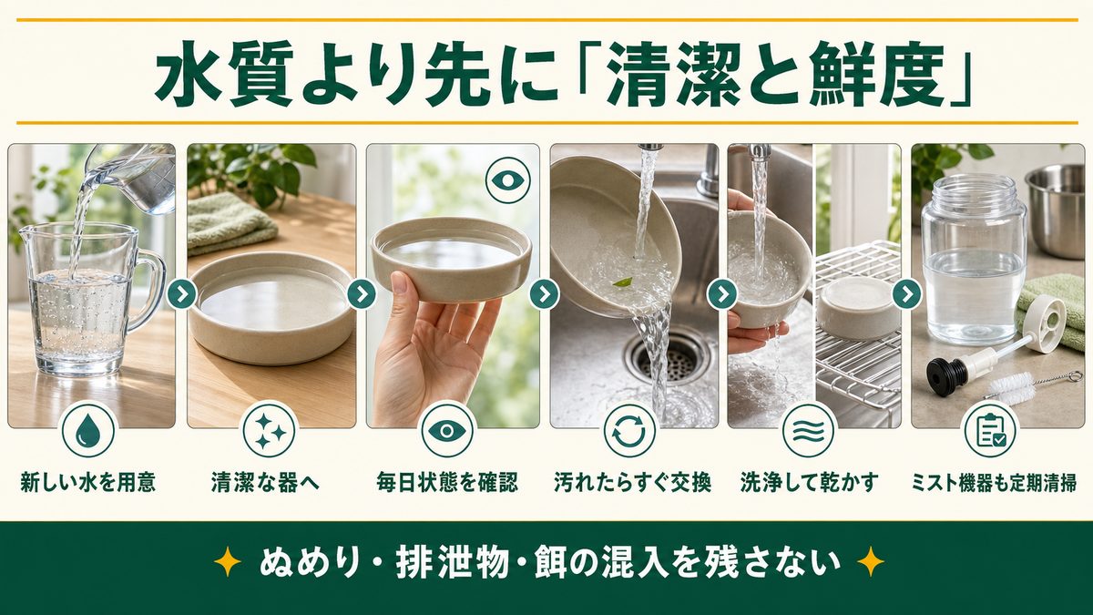爬虫類の飲み水を新鮮に保ち器とミスト機器を清掃する手順図