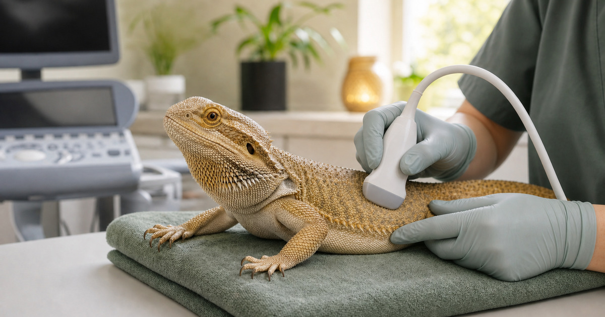 雌の爬虫類をエキゾチック動物病院で超音波検査するIMAGE2アイキャッチ