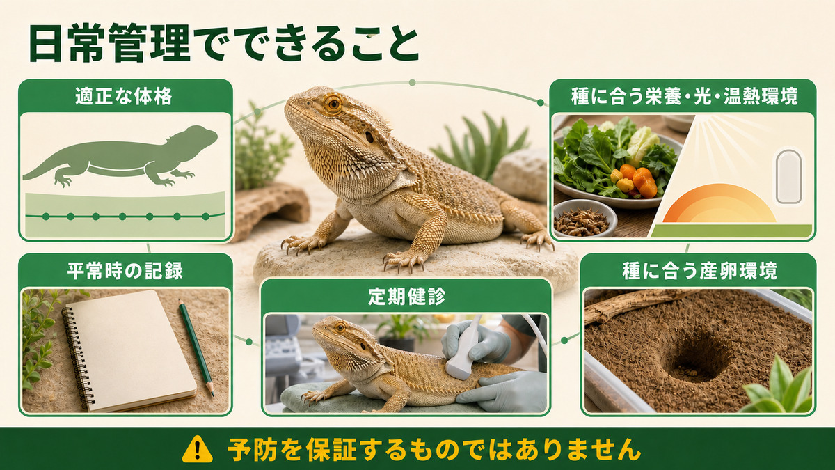 雌の爬虫類の体格、栄養光温熱環境、産卵環境、記録、健診をまとめたIMAGE2図解