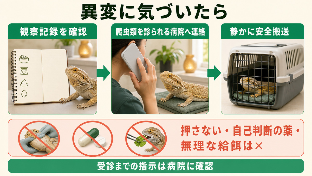 異変時に観察記録を確認し病院へ連絡して安全搬送する流れを示すIMAGE2図解