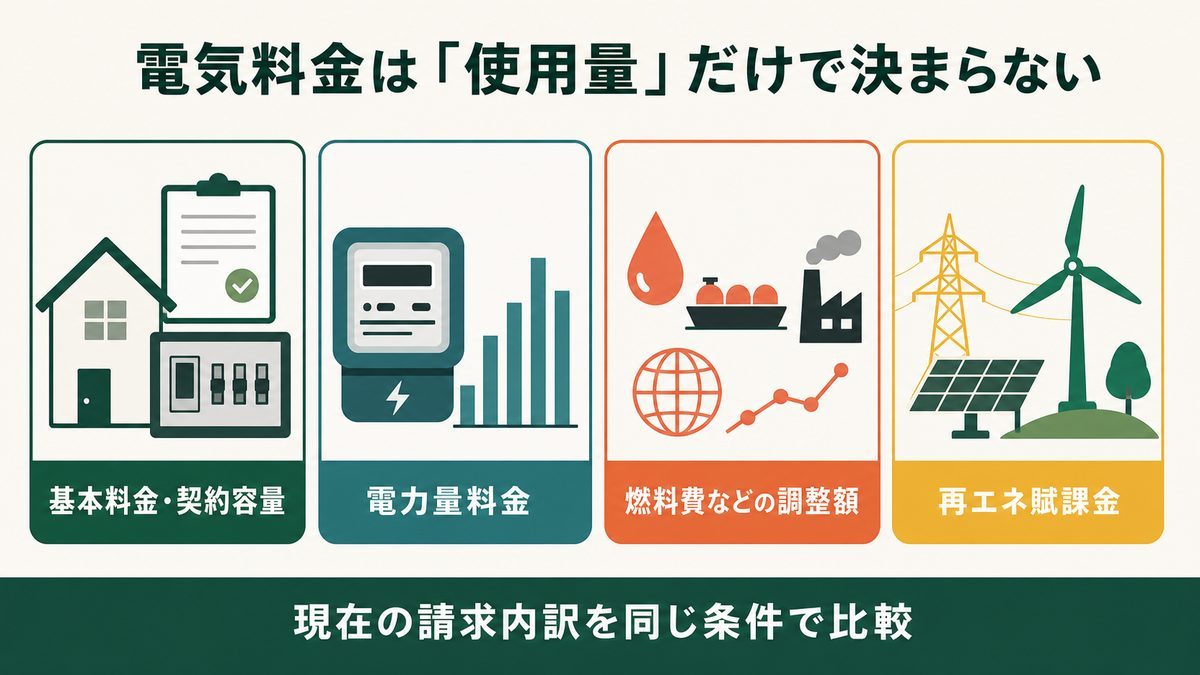 基本料金・電力量料金・調整額・再エネ賦課金から成る電気料金の内訳図