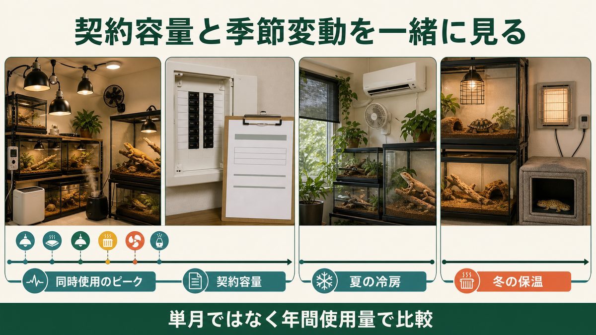 爬虫類飼育の同時使用ピーク・契約容量・夏冬の電力変動を比較する図