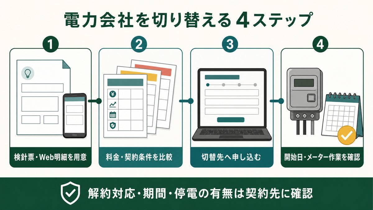 検針票の準備から開始日とメーター作業確認までの電力切替4ステップ
