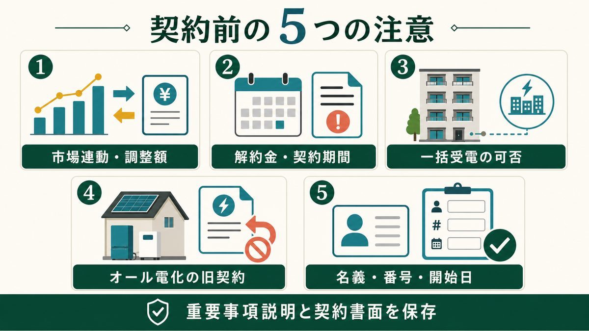 市場連動・解約金・一括受電・旧契約・申込情報を確認する契約注意図