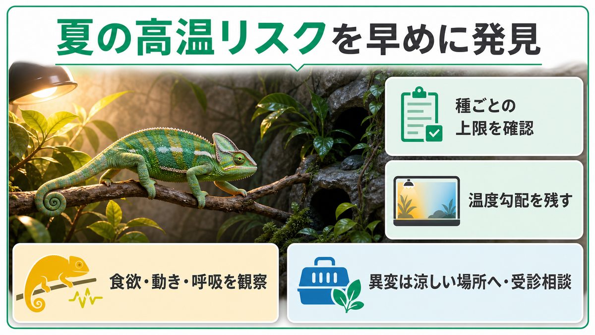 爬虫類ケージの夏の高温リスクと早期発見ポイント