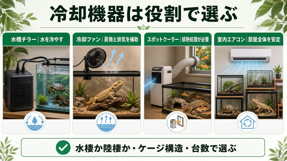 爬虫類用冷却機器4種類の役割比較