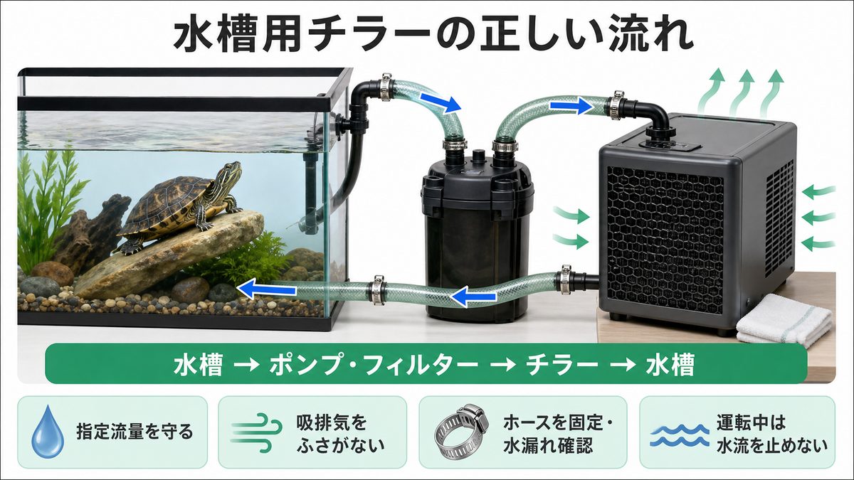 水槽用チラーの配管・設置・水漏れ確認の流れ