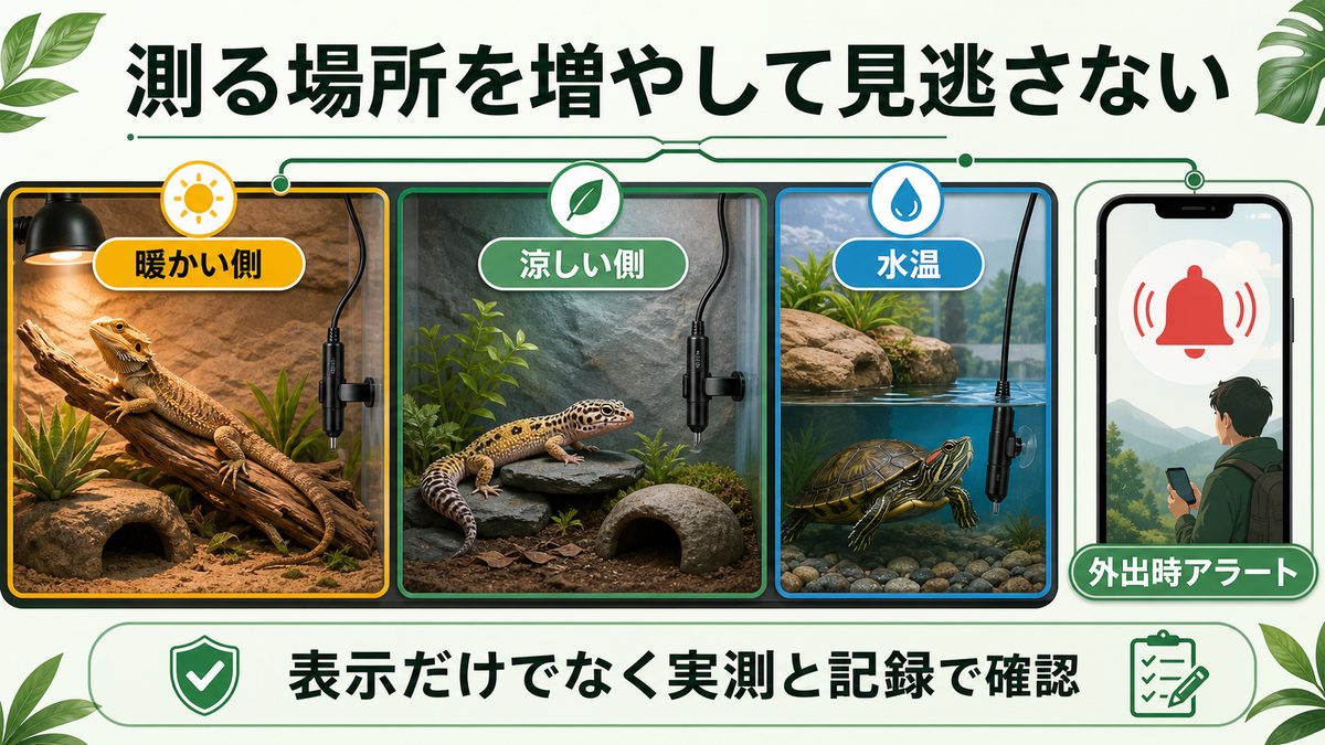 爬虫類ケージの温度モニタリングと外出時アラート