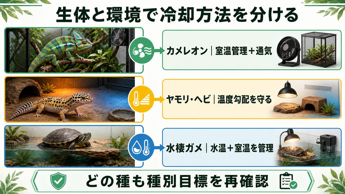 カメレオン・ヤモリ・水棲ガメ別の冷却方法