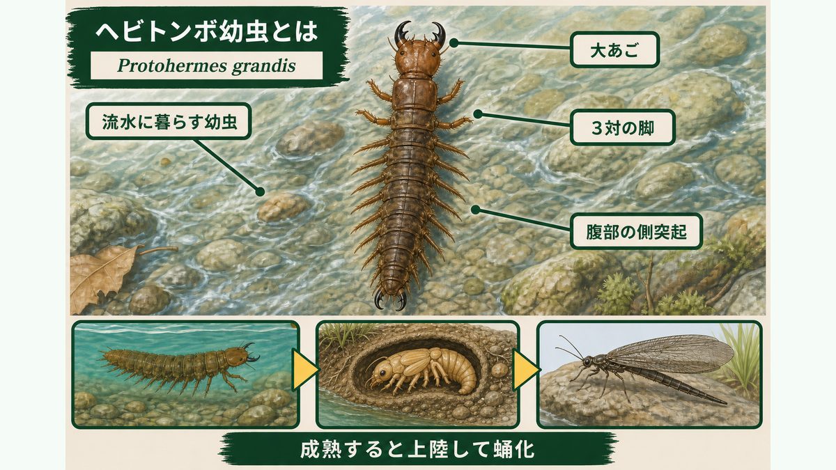 ヘビトンボ幼虫の大あご、3対の脚、腹部の側突起と上陸して蛹化する生活史