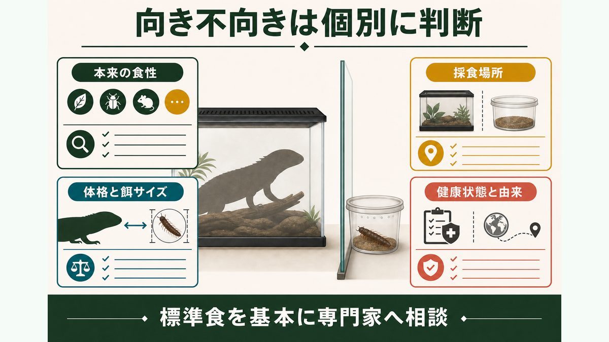 本来の食性、採食場所、体格と餌サイズ、健康状態と由来から給餌適性を判断する図