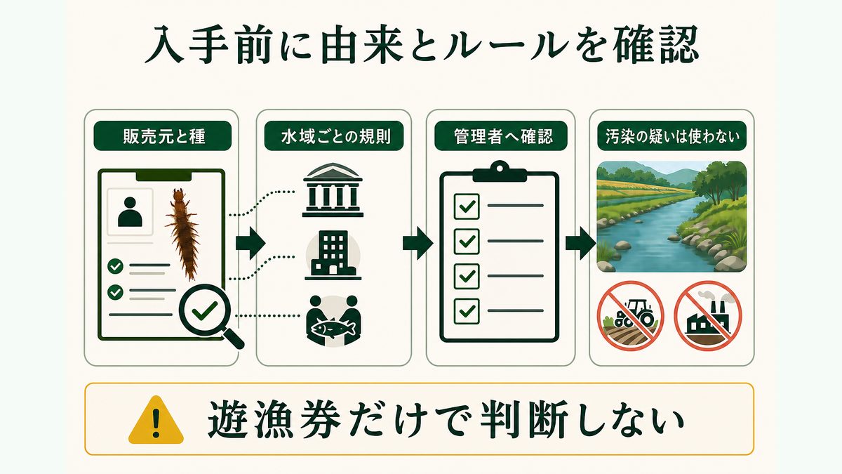 販売元と種、水域ごとの採集規則、管理者、汚染を確認するヘビトンボ幼虫の入手手順