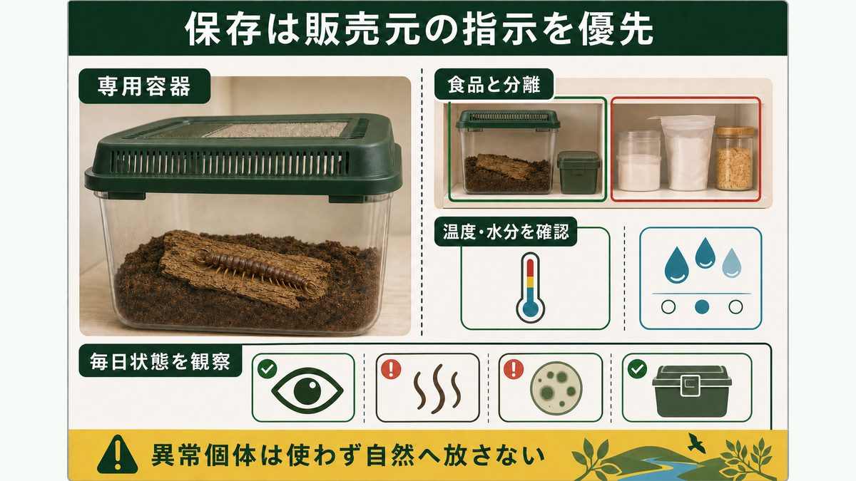 ヘビトンボ幼虫を専用容器で食品と分離し販売元の温度と水分指示に従って観察する保存方法