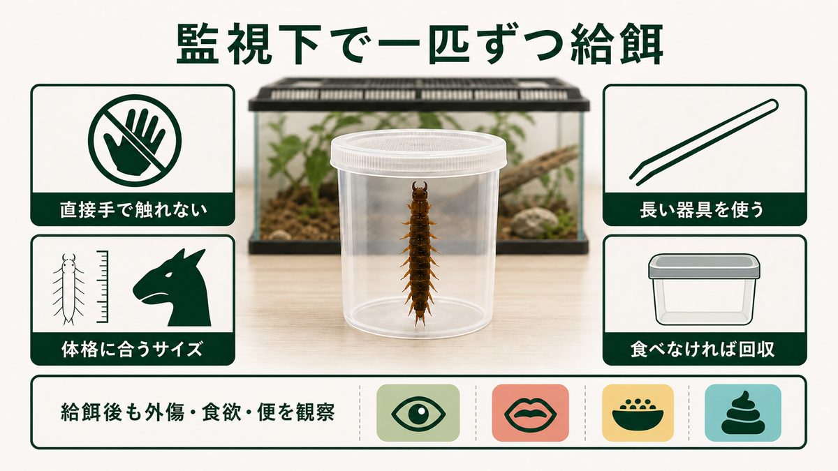 ヘビトンボ幼虫を直接触れず体格に合うサイズを長い器具で監視給餌して回収する手順