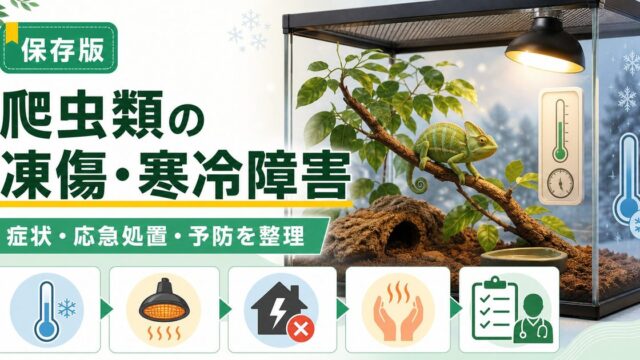 爬虫類の凍傷・寒冷障害完全ガイド｜低体温症との違い・症状・応急処置・予防を徹底解説の要点を伝えるカメレオン・爬虫類記事アイキャッチ画像