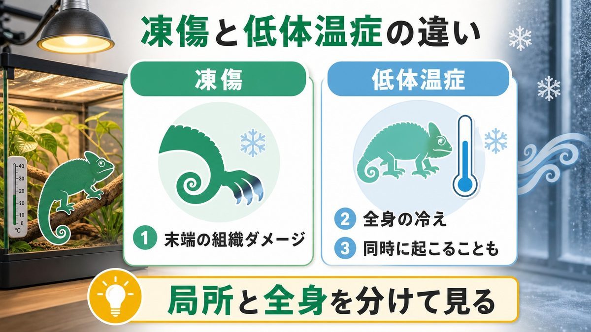 爬虫類の凍傷・寒冷障害とは？低体温症との違いから整理するの要点をまとめたカメレオン・爬虫類飼育インフォグラフィック