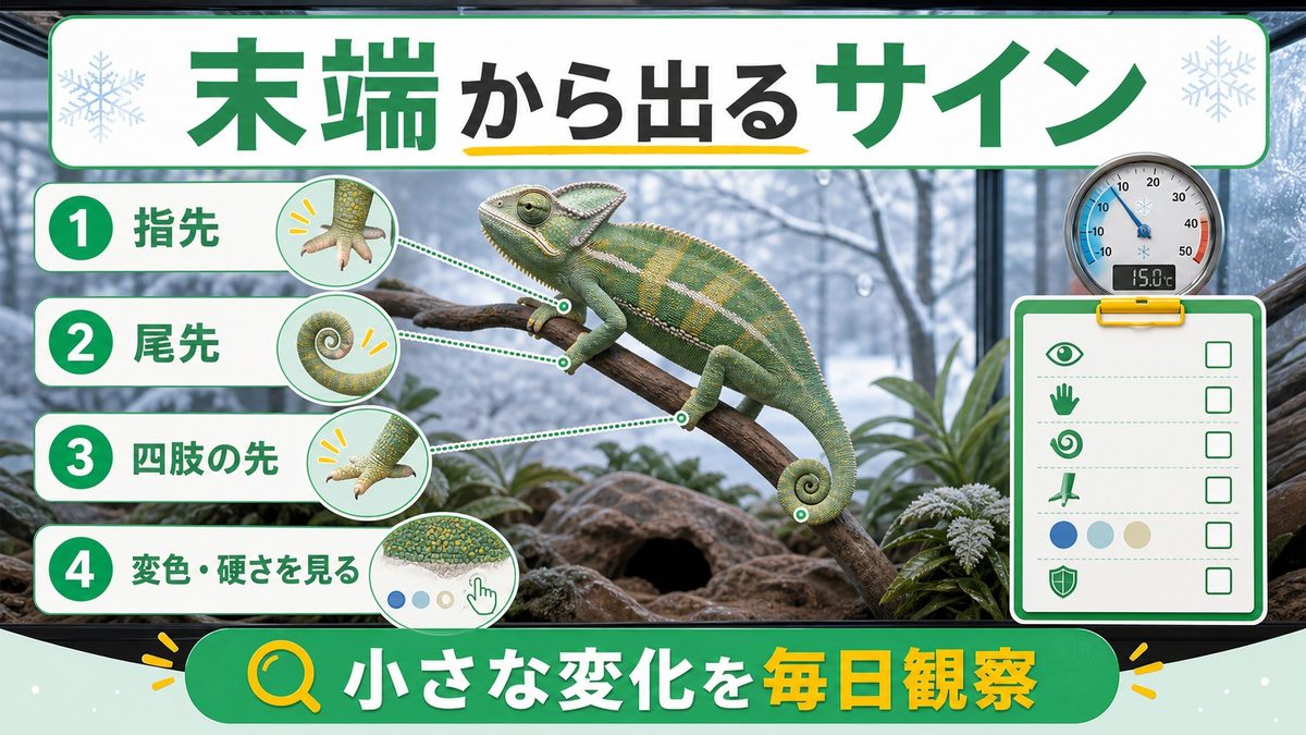 症状と好発部位｜なぜ末端から冷えるのかの要点をまとめたカメレオン・爬虫類飼育インフォグラフィック