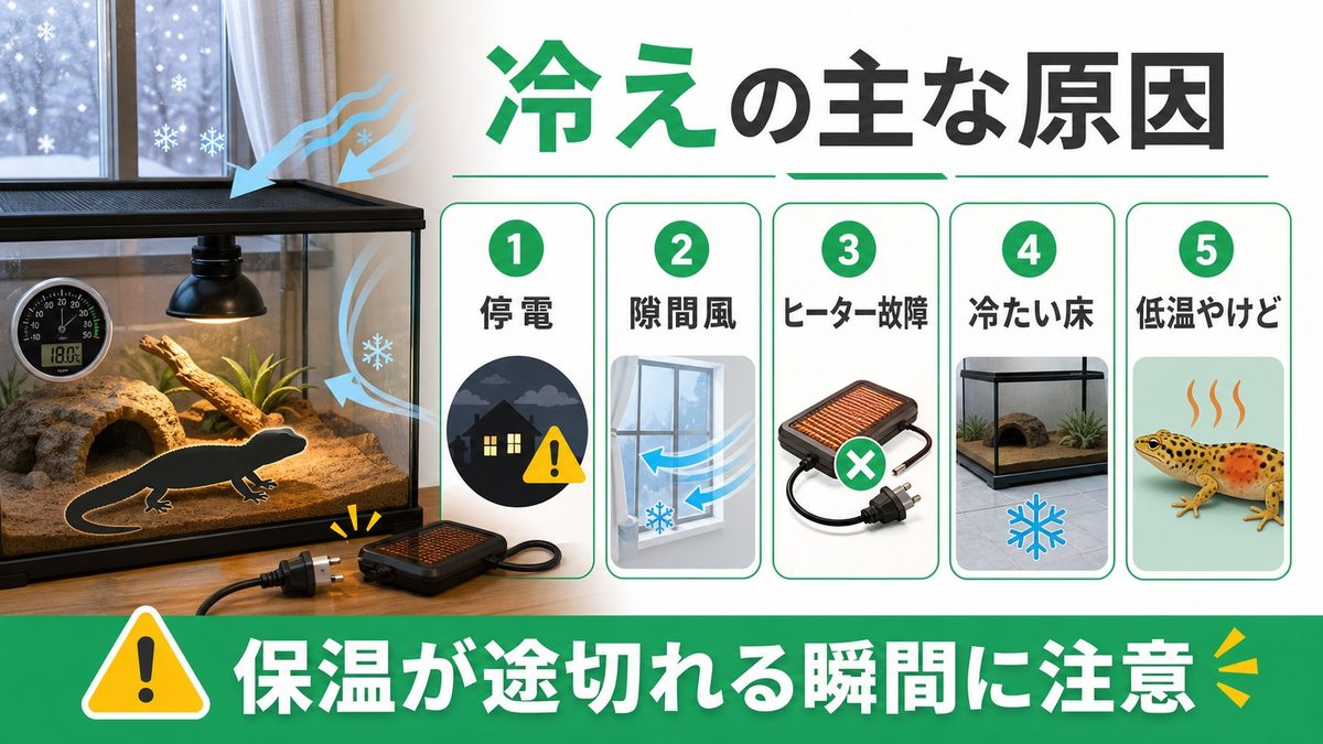 原因｜停電・隙間風・ヒーター故障、そして低温やけどの要点をまとめたカメレオン・爬虫類飼育インフォグラフィック