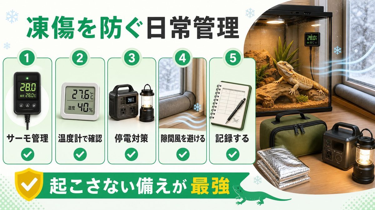 予防｜保温計画と停電対策で「起こさない」が最強の要点をまとめたカメレオン・爬虫類飼育インフォグラフィック