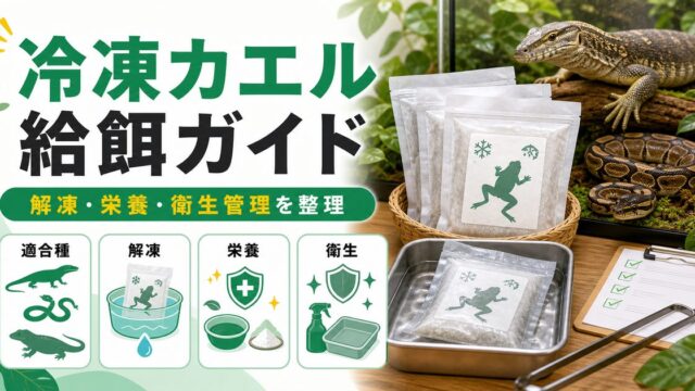 爬虫類への冷凍カエル給餌完全ガイド｜モニター・ヘビ・大型トカゲへの解凍方法・栄養・注意点を徹底解説の要点を伝えるカメレオン・爬虫類記事アイキャッチ画像