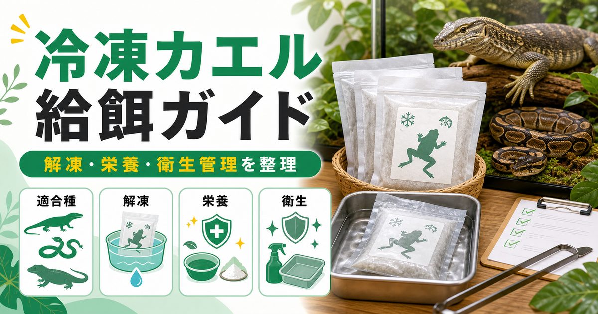 爬虫類への冷凍カエル給餌完全ガイド｜モニター・ヘビ・大型トカゲへの解凍方法・栄養・注意点を徹底解説の要点を伝えるカメレオン・爬虫類記事アイキャッチ画像