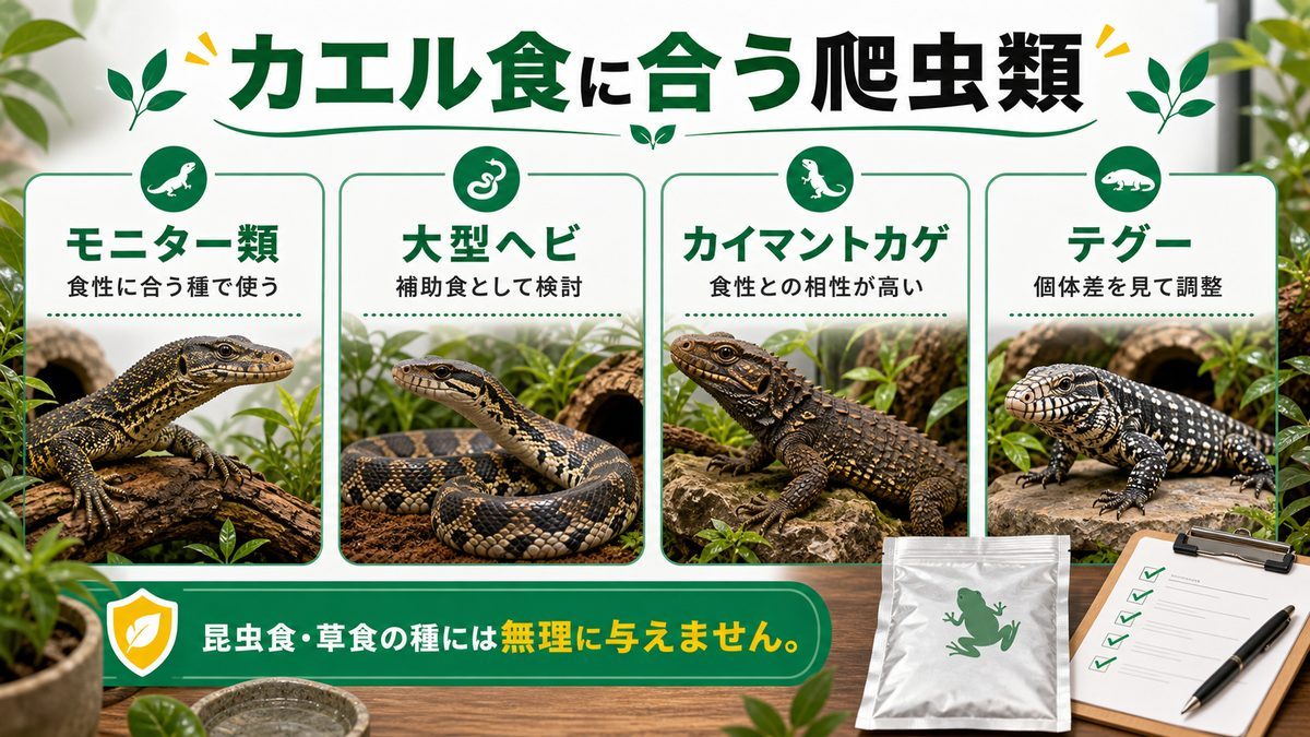 🦎 カエルを食べる爬虫類の種類の要点をまとめたカメレオン・爬虫類飼育インフォグラフィック
