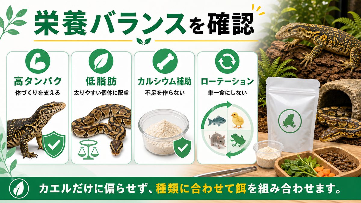🔬 冷凍カエルの栄養成分の要点をまとめたカメレオン・爬虫類飼育インフォグラフィック