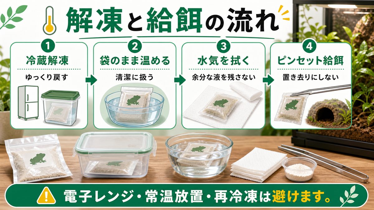 🌡️ 解凍方法と給餌手順の要点をまとめたカメレオン・爬虫類飼育インフォグラフィック