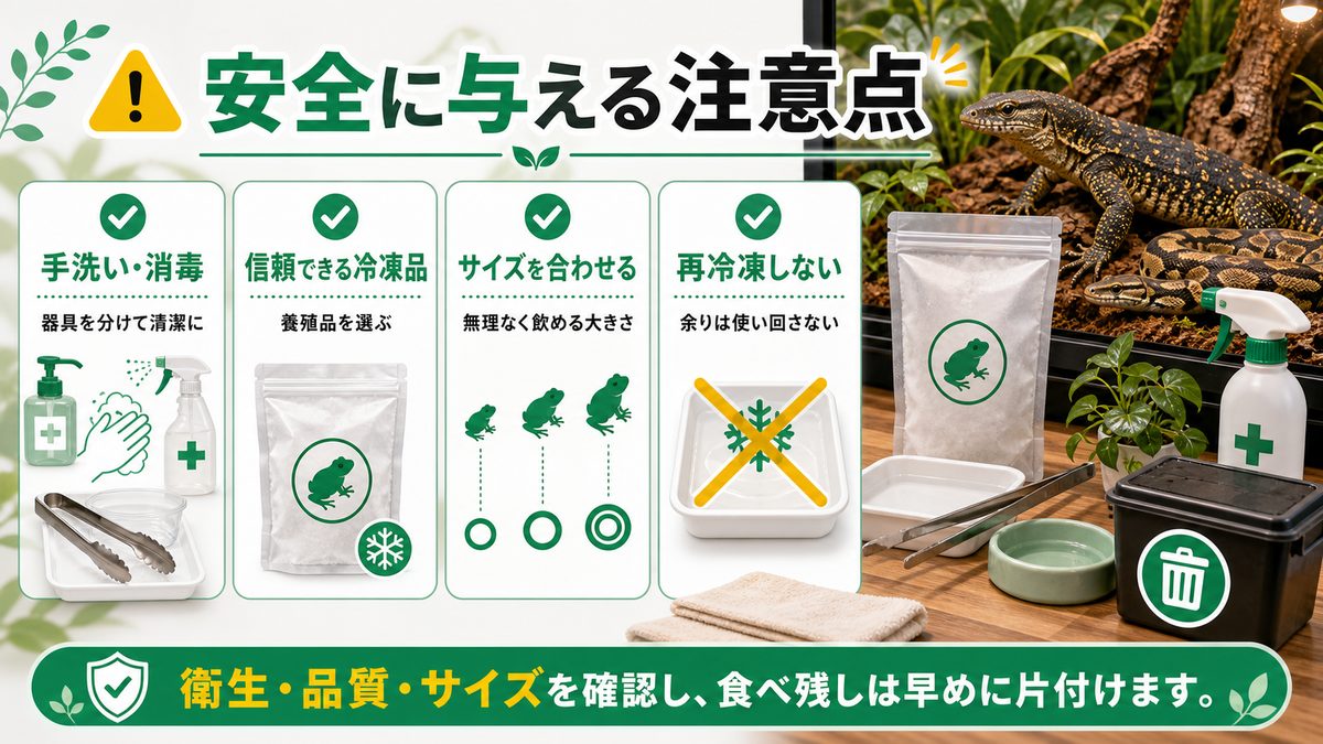 ⚠️ 与える際の注意点の要点をまとめたカメレオン・爬虫類飼育インフォグラフィック