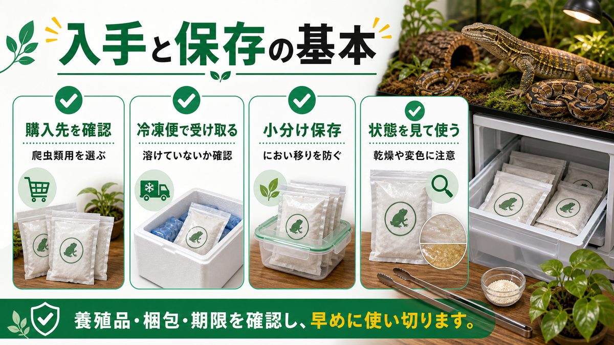 🛒 冷凍カエルの入手・保存の要点をまとめたカメレオン・爬虫類飼育インフォグラフィック