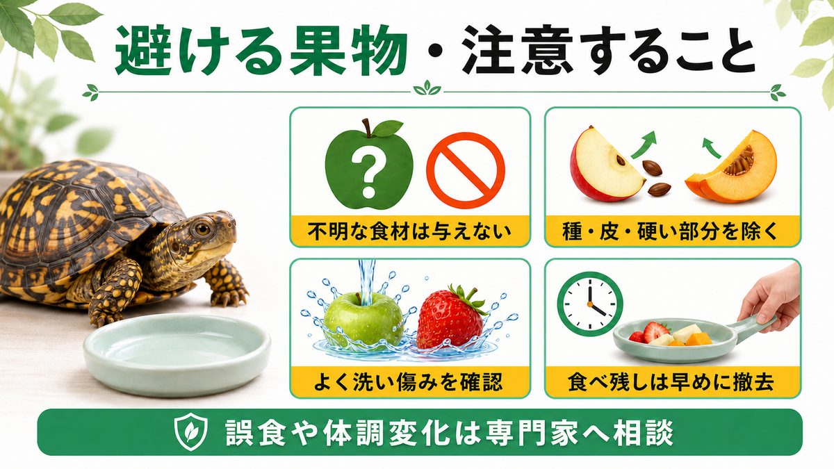 NGな果物・注意が必要な果物の要点をまとめたカメレオン・爬虫類飼育インフォグラフィック